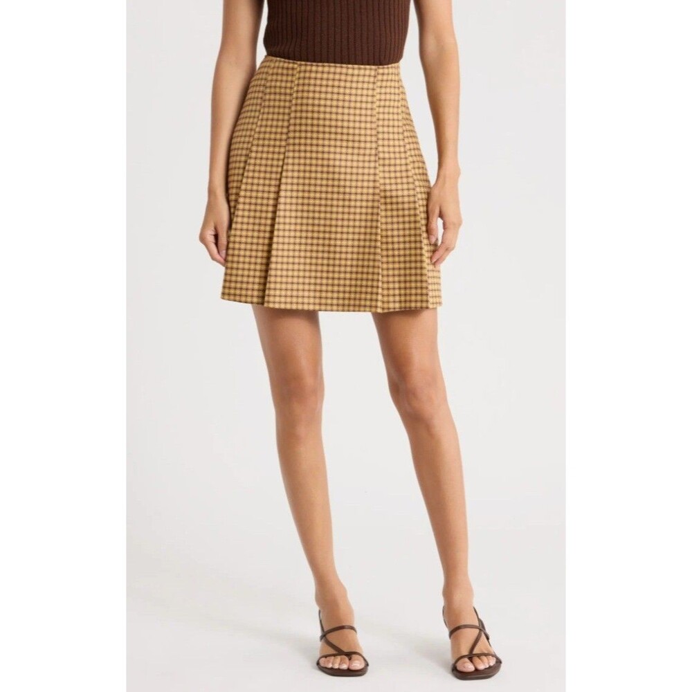 Hugo Boss Women's Roballo Pleated Houndstooth Mini Skirt Butternut Yellow US 4